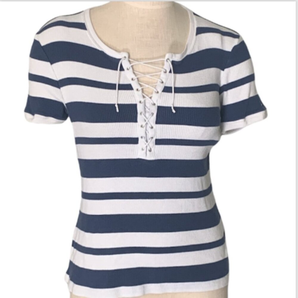 Tommy Hilfiger Lace-up Short Sleeve Rib Knit Top L White Blue Striped 185G